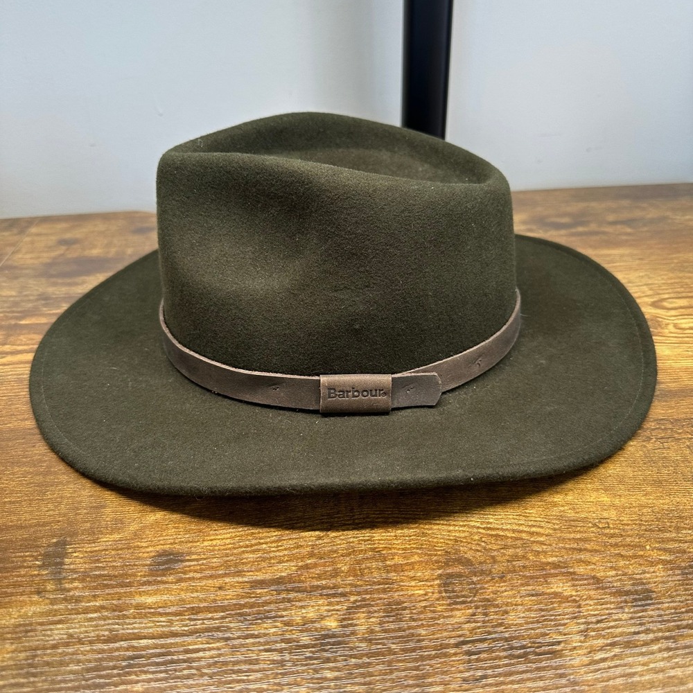 Barbour Bushman Wool Fedora Hat Mens Olive Green Leather Trim Large